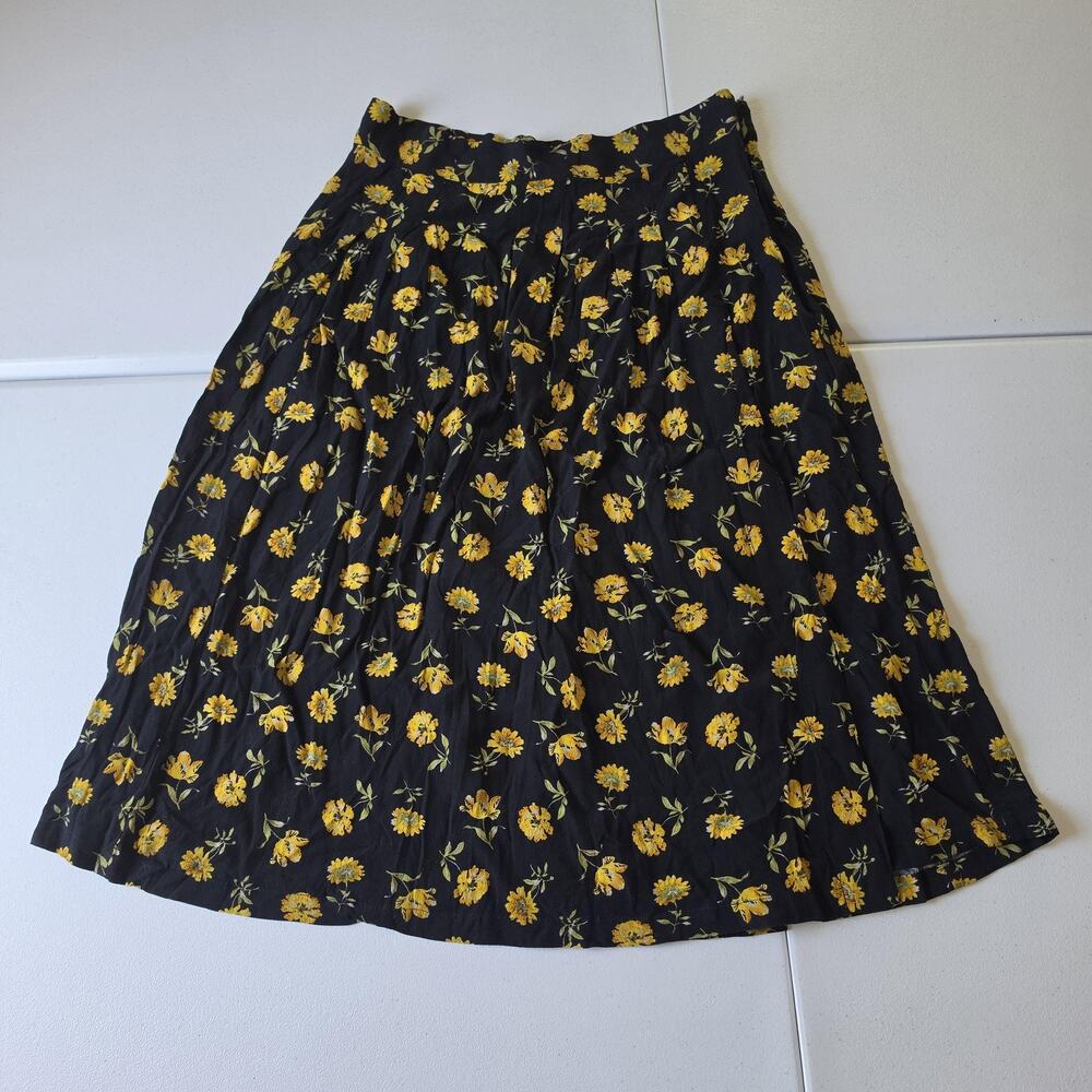Sézane Skirt Womens 42 US10 Black Yellow Floral Pleated High Waist Midi A-Line